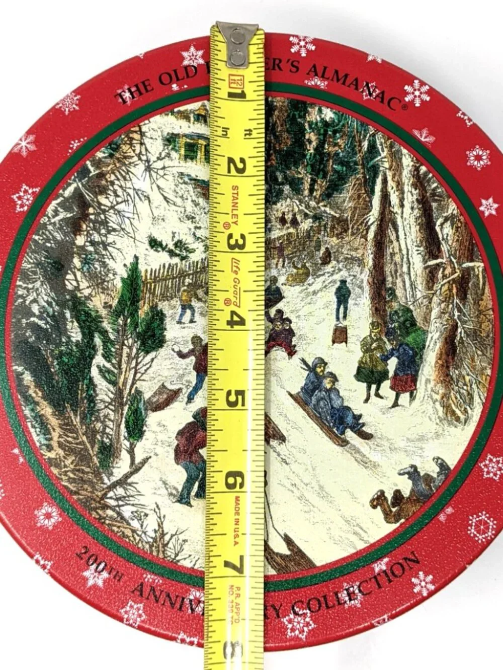 Old Farmers Almanac Christmas Cookie Tin 200th Anniversary 1992 8x3 Sledding